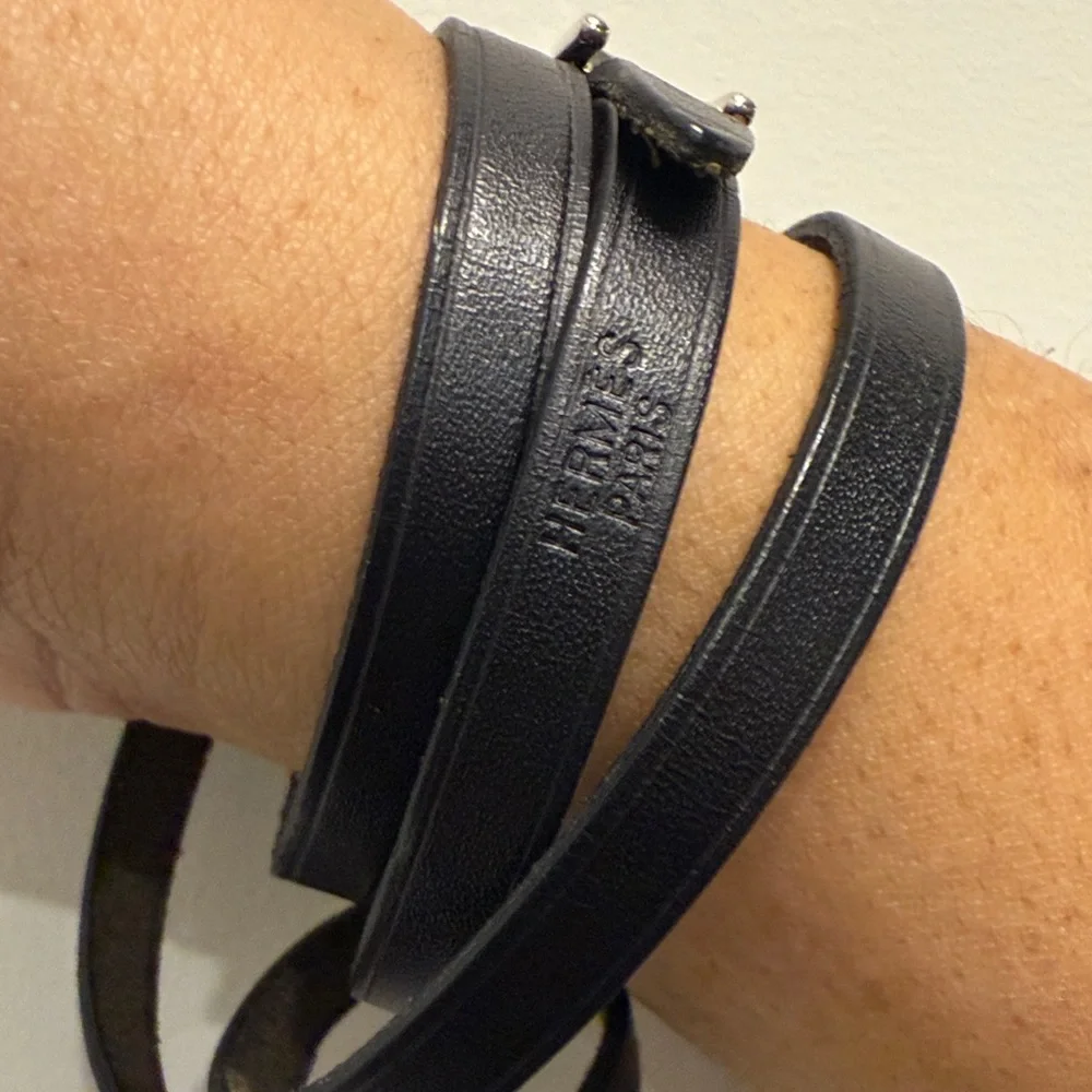 Hermes Black Leather Wrap Bracelet or choker with Silver Clasp